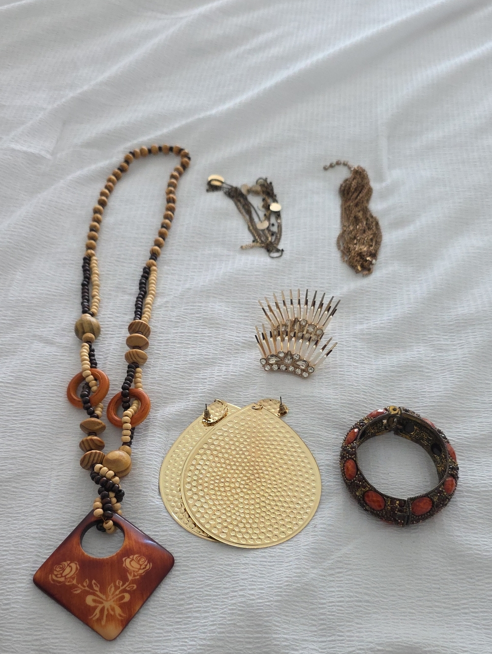 Women’s Gold Teardrop Earrings and Boho Necklace Set, Bracelet